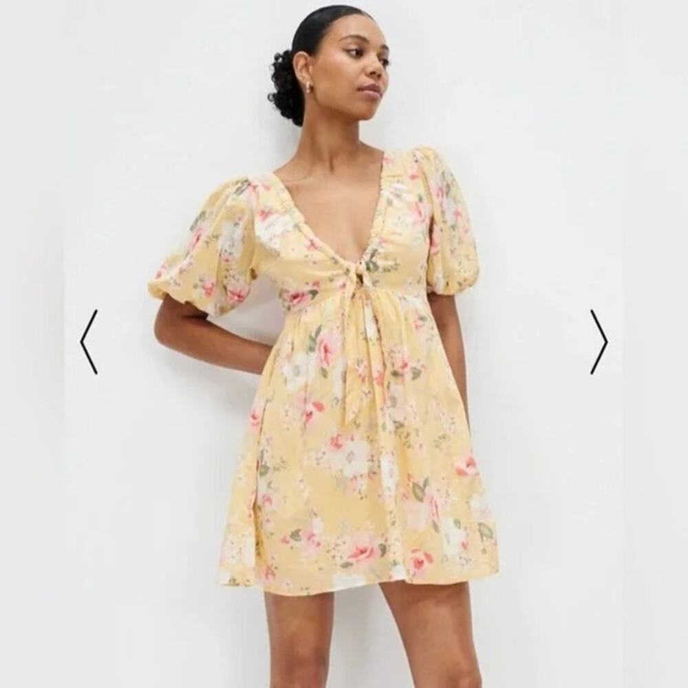 Abercrombie & Fitch Floral Cinched Front Puff Sleeve Yellow Mini Dress S